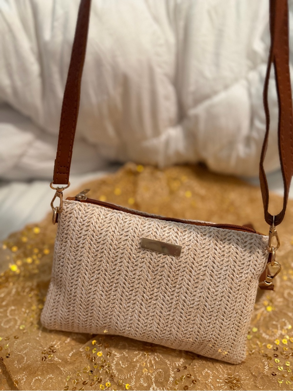 Woven Straw Crossbody Bag with Brown Trim - Neutral - Picture 4 of 7